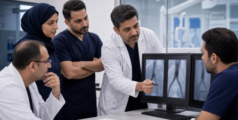 Vascular specialists reviewing long-term endovascular disease management and follow-up imaging in a modern clinical setting