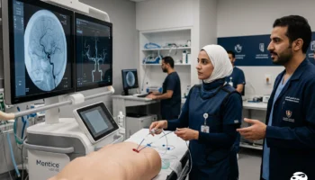 Clinical education workshop for healthcare professionals with a projected cardiovascular training module.