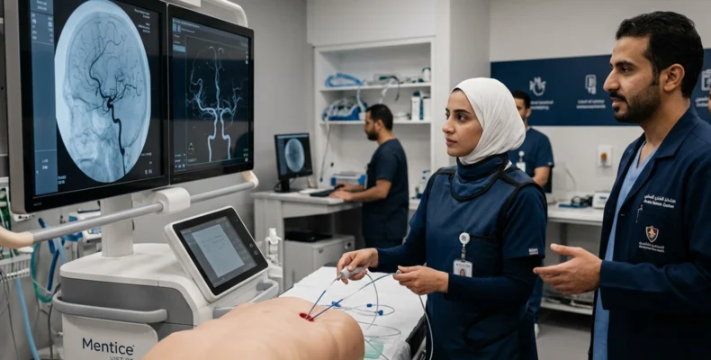 Clinical education workshop for healthcare professionals with a projected cardiovascular training module.