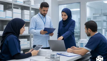 Compliance and logistics specialists reviewing traceability records for medical device distribution in a controlled clinical supply setting