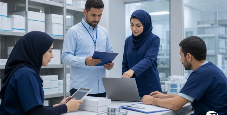Compliance and logistics specialists reviewing traceability records for medical device distribution in a controlled clinical supply setting