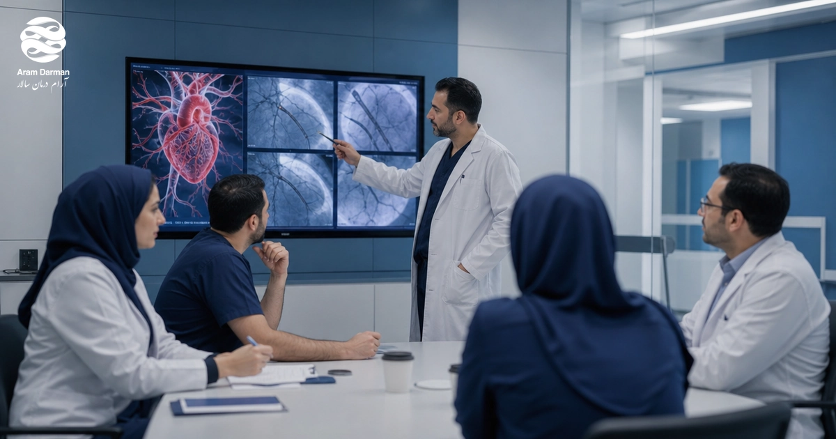 Healthcare p
rofessionals
attending a
cardiovascul
ar medical
education
session in a
modern
clinical
setting.
